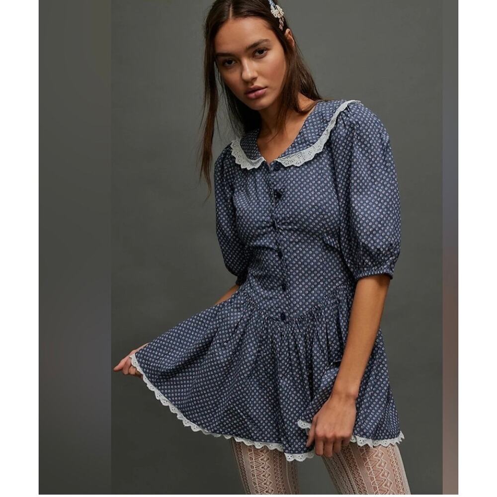 Free People Need to Know Romantic Femme Cottagecore Mini Dress in Blue Size 8
